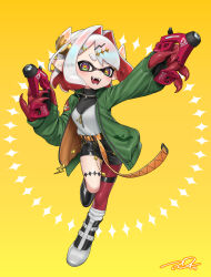 Rule 34 | 1girl, belt, black footwear, boots, choker, claws, commission, dapple dualies (splatoon), dot nose, dual wielding, fang, green jacket, gun, hair ornament, hairclip, highres, holding, holding gun, holding weapon, inkling, inkling girl, inkling player character, jacket, key, long sleeves, multicolored hair, nintendo, open mouth, pointy ears, puchiman, purple eyes, red hair, safety pin, sample watermark, short hair, signature, simple background, solo, spiked choker, spikes, splatoon (series), sweater, turtleneck, turtleneck sweater, two-tone hair, watermark, weapon, white footwear, white hair, yellow background, zipper