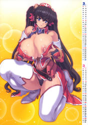 Rule 34 | 1girl, bare shoulders, black hair, black panties, blue eyes, blush, boots, breasts squeezed together, breasts, calendar, comic unreal, curvy, detached sleeves, dress, covered erect nipples, hair ornament, highres, huge breasts, kneeling, large breasts, long hair, maid, midriff, mogudan, navel, nipple slip, nipples, no bra, original, panties, puffy nipples, smile, solo, strapless, strapless dress, thick thighs, thigh boots, thighhighs, thighs, twintails, underwear, very long hair