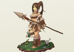 Rule 34 | 1girl, animal costume, ankle wrap, barefoot, bound, breasts, brown hair, cleavage, dark skin, facial mark, faux figurine, green eyes, guang li zi, highres, league of legends, long hair, navel, nidalee, polearm, ponytail, rabbit costume, smile, spear, teemo, tied up (nonsexual), tribal, weapon, yellow eyes, yordle