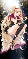 Rule 34 | 1girl, asymmetrical legwear, asymmetrical sleeves, between breasts, black background, black leotard, black thighhighs, blonde hair, breasts, cape, commentary request, detached collar, earrings, ereshkigal (fate), fate/grand order, fate (series), from side, full body, fur-trimmed cape, fur trim, gold trim, hand on own face, highres, hoop earrings, jewelry, leotard, long hair, looking at viewer, multicolored cape, multicolored clothes, necklace, open mouth, parted bangs, red cape, red eyes, red ribbon, ribbon, sasakuma kyouta, single sleeve, single thighhigh, skull, solo, spine, thighhighs, thighs, tiara, two side up, uneven legwear, uneven sleeves, yellow cape