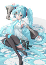 Rule 34 | 1girl, absurdly long hair, absurdres, aqua eyes, aqua hair, aqua necktie, aqua trim, bare shoulders, black skirt, blush, boots, breasts, closed mouth, crossed legs, detached sleeves, double-parted bangs, eikawa suru, full body, grey shirt, hair between eyes, hatsune miku, headset, highres, lace, lace-trimmed shirt, lace trim, long hair, looking at viewer, medium breasts, microphone, miniskirt, necktie, pleated skirt, shirt, sideboob, sitting, skirt, sleeveless, sleeveless shirt, solo, thigh boots, thighhighs, tsurime, twintails, very long hair, vocaloid, zettai ryouiki