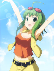 Rule 34 | 1girl, :d, ahoge, armpits, arms up, breasts, cleavage, glasses, green eyes, green hair, gumi, highres, matching hair/eyes, navel, open mouth, shirt, short hair, shorts, sleeveless, sleeveless shirt, smile, solo, sunglasses, vocaloid, yuzuki kei