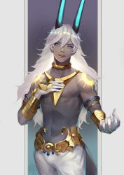 Rule 34 | 1boy, arjuna (fate), arjuna alter (fate), armlet, brown eyes, dark-skinned male, dark skin, fate/grand order, fate (series), gloves, hair between eyes, hand up, horns, long hair, looking at viewer, male focus, navel, shin716, solo, standing, tattoo, topless male, white gloves, white hair