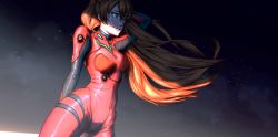 Rule 34 | 1girl, artist request, blue eyes, bodysuit, breasts, breasts apart, brown hair, floating hair, highres, interface headset, long hair, looking to the side, multicolored bodysuit, multicolored clothes, neon genesis evangelion, pilot suit, plugsuit, red bodysuit, shaded face, shiny clothes, solo, souryuu asuka langley, two side up, very long hair, wide hips