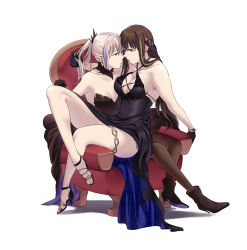 Rule 34 | 2girls, absurdres, anniversary, armchair, bare shoulders, black dress, black footwear, black gloves, blue eyes, boots, breasts, brown dress, brown eyes, brown gloves, brown hair, brown pantyhose, chair, cleavage, closed mouth, collarbone, dress, full body, girls&#039; frontline, gloves, hair ornament, hairclip, hand in another&#039;s hair, hand on another&#039;s ass, high heel boots, high heels, highres, legs, long hair, looking at another, m4a1 (girls&#039; frontline), m4a1 (suspender of time) (girls&#039; frontline), medium breasts, multicolored hair, multiple girls, official alternate costume, pantyhose, pink hair, redaiba, sitting, sitting on person, small breasts, st ar-15 (girls&#039; frontline), st ar-15 (prisoner of the dream) (girls&#039; frontline), streaked hair, thighs, white background, yuri