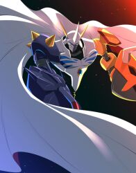Rule 34 | absurdres, arm cannon, black background, blue eyes, cape, digimon, digimon (creature), embers, highres, horns, ishiyumi, looking at viewer, no humans, omegamon, single horn, solo, weapon, white cape
