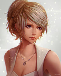 Rule 34 | 10s, 1girl, artist name, blonde hair, braid, breasts, cleavage, crescent moon, eyebrows, final fantasy, final fantasy xv, hair ribbon, jewelry, lips, looking to the side, lunafreya nox fleuret, magion02, moon, necklace, nose, purple eyes, realistic, ribbon, short hair, sleeveless, solo, tress ribbon, upper body