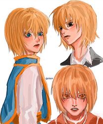 Rule 34 | 177k171, 1other, androgynous, black eyes, black suit, blonde hair, blue eyes, blue tabard, collage, formal, highres, hunter x hunter, kurapika, looking at viewer, short hair, simple background, solo, suit, tabard, upper body, white background, yellow eyes