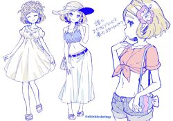 Rule 34 | 1girl, alternate costume, bag, belt, blonde hair, blue eyes, breasts, closed mouth, commentary, contemporary, contrapposto, cowboy shot, crop top, dress, closed eyes, finger to mouth, flower, from side, full body, hair flower, hair ornament, halterneck, halterneck, handbag, hat, hat ribbon, hibiscus, looking at viewer, medium breasts, midriff, multiple views, navel, nintendo, pointy ears, princess zelda, profile, red shirt, ribbon, sandals, shirt, short hair, short shorts, shorts, shuri (84k), simple background, skirt, smile, spaghetti strap, standing, sun hat, the legend of zelda, the legend of zelda: breath of the wild, the legend of zelda: tears of the kingdom, thick eyebrows, tied shirt, translated, twitter username, white background, white dress, white skirt