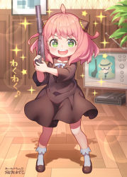 Rule 34 | 1girl, anya (spy x family), artist name, crt, dress, floor, green eyes, gun, handgun, looking at viewer, open mouth, pink hair, smile, solo, spy x family, suppressor, television, wall, weapon