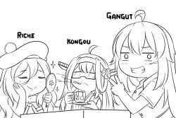 Rule 34 | 3girls, ahoge, applying makeup, beret, character name, commentary, cup, detached sleeves, double bun, dress shirt, english commentary, facial scar, gangut (kancolle), greyscale, grin, guin guin, hair bun, hairband, hand mirror, hat, headgear, holding, holding mirror, kantai collection, kongou (kancolle), lineart, long hair, looking at viewer, mirror, mole, mole under eye, monochrome, multiple girls, nontraditional miko, pom pom (clothes), ribbon-trimmed sleeves, ribbon trim, richelieu (kancolle), scar, scar on cheek, scar on face, shirt, smile, sparkle, sunglasses, table, teabag, teacup, v