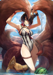 Rule 34 | 1girl, ahri (league of legends), animal ears, armpits, black hair, blue sky, breasts, choker, cleavage, cloud, cloudy sky, day, facial mark, food, fox, fox ears, fox tail, fruit, goggles, goggles on head, goomrrat, gradient hair, grin, heart, heart choker, hip focus, kitsune, kyuubi, league of legends, leotard, looking at viewer, multicolored hair, multiple tails, ocean, outdoors, parted lips, pink hair, short hair, sidelocks, sign, sky, smile, solo, striped clothes, striped leotard, tail, thigh strap, thighs, vertical stripes, wading, watermelon, whisker markings, yellow eyes