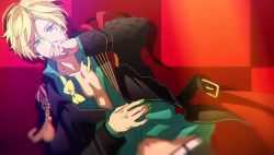 Rule 34 | 1boy, abs, badge, belt, black jacket, black legwear, black pants, blonde hair, blurry, blurry foreground, collarbone, collared shirt, covering own mouth, eyebrows, green eyes, green shirt, hand over own mouth, jacket, looking at viewer, lying, midriff, midriff peek, official art, open clothes, open shirt, pants, parted bangs, pectorals, satan (shall we date?: obey me!), screencap, shall we date?: obey me!, shirt, short hair, solo