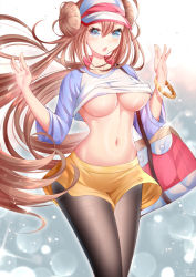 Rule 34 | 1girl, bag, black pantyhose, blue background, blue eyes, blush, bow, breasts, brown hair, chestnut mouth, collarbone, commentary request, cowboy shot, creatures (company), crop top, double bun, game freak, glint, gradient background, hair between eyes, hair bun, handbag, jiaxi daze, large breasts, lens flare, light particles, long hair, looking at viewer, midriff, mixed-language commentary, navel, nintendo, open mouth, pantyhose, pantyhose under shorts, pink bow, pokemon, pokemon bw2, raglan sleeves, rosa (pokemon), shiny clothes, shiny legwear, short shorts, shorts, solo, sparkle, twintails, underboob, very long hair, visor cap, w arms, wristband, yellow shorts