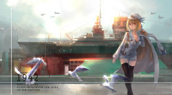 Rule 34 | 1girl, absurdres, aircraft, aircraft carrier, airplane, anchor, bird, black bra, black thighhighs, blonde hair, blue sky, bra, breasts, cleavage, cloud, coat, day, fighter jet, harbor, hat, highres, jacket, jet, lace, lace-trimmed bra, lace trim, large breasts, lexington (warship girls r), long hair, long sleeves, mag (huangmag), mecha musume, midriff peek, military, military uniform, military vehicle, miniskirt, open clothes, open coat, personification, sailor hat, seagull, ship, skirt, sky, solo, thighhighs, underwear, uniform, uss lexington (cv-2), vehicle focus, very long hair, warship, warship girls r, watercraft, white hat, zettai ryouiki