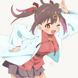 Rule 34 | 1girl, ;d, arm up, belt, black hair, black skirt, bolo tie, brown eyes, commentary request, hair ornament, hair ribbon, hairclip, hand on own hip, highres, lab coat, long sleeves, looking at viewer, miyahara takuya, multicolored hair, one eye closed, onii-chan wa oshimai!, open mouth, oyama mihari, purple hair, red ribbon, red shirt, ribbon, shirt, simple background, skirt, smile, solo, twintails, two-tone hair, white background