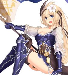 Rule 34 | 10s, 1girl, :d, absurdres, armor, armored boots, bad id, bad pixiv id, banner, blonde hair, blue eyes, blush, boots, breasts, flower, gauntlets, granblue fantasy, hair flower, hair ornament, hairband, highres, jeanne d&#039;arc (granblue fantasy), crossed legs, lily (flower), lion (pixiv10982013), long hair, low-tied long hair, open mouth, see-through, sheath, sitting, smile, solo, thigh boots, thighhighs, thighs, very long hair
