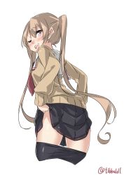 Rule 34 | 10s, 1girl, bad id, bad twitter id, black pantyhose, black skirt, blonde hair, blush, brown eyes, cardigan, clothes lift, cowboy shot, cropped legs, ebifurya, eyebrows, from behind, hair between eyes, highres, inactive account, kantai collection, lifting own clothes, long hair, long sleeves, looking at viewer, looking back, murasame (kancolle), neckerchief, one eye closed, open mouth, pantyhose, pleated skirt, red neckerchief, school uniform, serafuku, simple background, skirt, skirt lift, smile, solo, twintails, twitter username, very long hair, white background