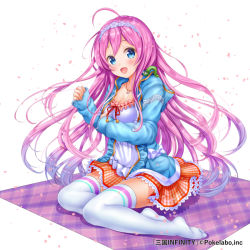 Rule 34 | 1girl, ahoge, blue eyes, blush, bow, breasts, caterpillar, cleavage, collarbone, company name, copyright name, dress, full body, headband, jewelry, long hair, looking at viewer, moyon, necklace, no shoes, official art, open mouth, petals, pink hair, sangoku infinity, simple background, sleeves past wrists, solo, thighhighs, very long hair, white background, white thighhighs