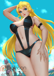 Rule 34 | 4girls, animal ears, ariverkao, arm strap, bikini, black hair, blonde hair, blue eyes, blue sky, breasts, dated, day, dutch angle, from below, hand on own head, large breasts, lips, long hair, looking at viewer, multiple girls, navel, one-piece swimsuit, original, outdoors, patreon logo, pink hair, short hair, signature, sky, solo focus, swimsuit, very long hair
