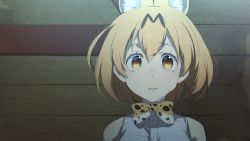 Rule 34 | 10s, 1girl, animal ears, anime coloring, bad id, bad pixiv id, bare shoulders, blonde hair, blush, bow, bowtie, brown hair, crying, crying with eyes open, harusabin, kemono friends, multicolored hair, parted lips, serval (kemono friends), serval print, shirt, short hair, sleeveless, sleeveless shirt, solo, streaked hair, streaming tears, tareme, tears, two-tone hair, upper body, white shirt, wooden wall, yellow eyes