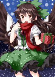 Rule 34 | 1girl, :d, black hair, box, brown wings, cape, center frills, feathered wings, frilled skirt, frills, gift, gift box, green ribbon, green skirt, hair between eyes, hair ribbon, highres, long hair, looking at viewer, open mouth, ponytail, puffy short sleeves, puffy sleeves, red eyes, red scarf, reiuji utsuho, ribbon, ruu (tksymkw), scarf, short sleeves, skirt, smile, snowing, solo, spread wings, third eye, touhou, very long hair, wavy hair, white cape, wings