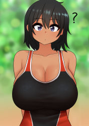 Rule 34 | 1girl, ?, absurdres, arms behind back, black hair, breasts, cleavage, commentary, competition swimsuit, dark-skinned female, dark skin, english commentary, eyebrows, female focus, forest, highres, himiko (the only shoe), huge breasts, looking at viewer, nature, one-piece swimsuit, original, pen, purple eyes, short hair, solo, swimsuit, tan, the only shoe, tomboy, upper body