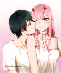 Rule 34 | 10s, 1boy, 1girl, absurdres, bare shoulders, black hair, blush, closed eyes, collarbone, commentary, copyright name, couple, darling in the franxx, english commentary, green eyes, hetero, highres, hiro (darling in the franxx), horns, long hair, milkoko, nightgown, one eye closed, oni horns, pajamas, pink hair, red horns, shirt, short hair, short sleeves, sleeveless, white nightgown, white pajamas, white shirt, zero two (darling in the franxx)