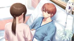 Rule 34 | 1boy, 1girl, angel beats!, bandages, bandaid, bandaid on face, bed, blurry, blush, brown hair, collarbone, commentary, commission, day, depth of field, dutch angle, english commentary, eyelashes, eyes visible through hair, game cg, hair between eyes, highres, hospital bed, hospital gown, indoors, intravenous drip, light rays, long hair, long sleeves, looking at another, nurse, otonashi yuzuru, paid reward available, parted lips, pink shirt, red eyes, second-party source, shirt, short hair, short sleeves, sidelocks, sitting, skeb commission, solo focus, window, zen (kamuro)