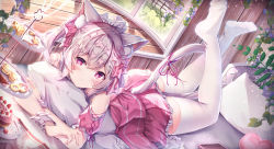 Rule 34 | 1girl, animal ear fluff, animal ears, bed, bed sheet, bell, cake, cat ears, cat tail, cellphone, chinese commentary, cookie, detached sleeves, dress, feet up, flower, food, fruit, hair between eyes, hair ribbon, highres, indoors, leaf, light smile, looking at viewer, lying, manman manyou haiyang de paomo, on back, on bed, original, pantyhose, phone, pillow, pink dress, pink eyes, pink hair, plant, ribbon, smartphone, smile, solo, strawberry, tail, tail bell, tail ornament, thighhighs, tray, vines, white pantyhose, white thighhighs, window, wrist cuffs