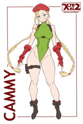 Rule 34 | 1girl, antenna hair, artist name, beret, blonde hair, blue eyes, boots, braid, breasts, cammy white, character name, facial mark, female focus, fingerless gloves, flat color, full body, gloves, hat, highleg, highleg leotard, holster, leotard, long hair, looking at viewer, scar, smile, solo, street fighter, thigh holster, twin braids, twintails, watermark, web address, white background, x-t3al