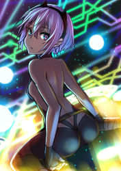 Rule 34 | 1girl, ass, back, bare shoulders, black gloves, black hair, breasts, choker, dark-skinned female, dark skin, fate/prototype, fate/prototype: fragments of blue and silver, fate (series), gloves, hairband, hassan of serenity (fate), looking at viewer, looking back, orihiro0614, purple eyes, purple hair, short hair, sideboob, sitting, small breasts, solo, wariza