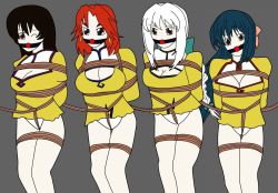Rule 34 | 4girls, agent aika, aika (series), artist request, bianca (agent aika), black eyes, blue hair, breasts, brown eyes, brown hair, cleavage, cleavage cutout, clothing cutout, delmo, delmogeny uniform, dress, earrings, golden delmo, jewelry, long hair, long sleeves, looking at viewer, multiple girls, panties, pantyshot, parted bangs, red hair, rie petoriyacowa, sania (agent aika), short hair, silver hair, small breasts, standing, thighs, tonia, underwear, uniform, white panties, yellow dress