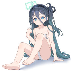 Rule 34 | 1girl, alternate costume, aqua hair, aris (blue archive), arm support, armpit crease, barefoot, bikini, black hair, black hairband, blue archive, blue eyes, blush, breasts, collarbone, eyelashes, feet, full body, gradient hair, hair between eyes, hairband, hand up, highres, kasanui, knees up, legs, long hair, multicolored hair, one side up, shadow, side ponytail, simple background, small breasts, soles, solo, swimsuit, toenails, toes, very long hair, white background, white bikini