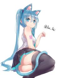 Rule 34 | 1girl, animal ears, aqua eyes, aqua hair, black thighhighs, blush, boots, cat, cat ears, cat girl, cat tail, fang, hair between eyes, hatsune miku, long hair, necktie, nejikyuu, paw pose, simple background, skin fang, skirt, sleeveless, solo, tail, thigh boots, thighhighs, twintails, twitter username, vocaloid, wavy mouth, white background