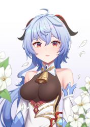 Rule 34 | 1girl, absurdres, ahoge, bare shoulders, bell, blue hair, breasts, chinese knot, detached sleeves, flower, flower knot, ganyu (genshin impact), genshin impact, gold trim, gyubu, highres, horns, long hair, looking at viewer, medium breasts, neck bell, open mouth, petals, purple eyes, qingxin flower, sidelocks, smile, solo, upper body, vision (genshin impact), white flower, white sleeves
