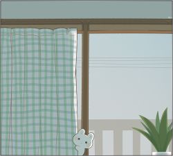 Rule 34 | ayu (mog), blush, border, curtains, looking at viewer, no humans, original, peeking out, plant, potted plant, rabbit, solo, transparent background, transparent border