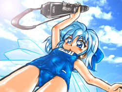 Rule 34 | 1girl, blue eyes, blue hair, cirno, electric wind instrument, female focus, from below, instrument, matching hair/eyes, name tag, one-piece swimsuit, school swimsuit, solo, swimsuit, touhou, winn