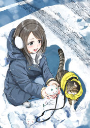 Rule 34 | 1girl, blush, brown hair, cat, day, down jacket, grey eyes, highres, jacket, looking away, medium hair, open hands, open mouth, original, outstretched arms, shadow, sitting, smile, snow, solo, soragane (banisinngurei), winter