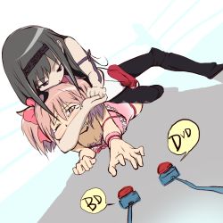 Rule 34 | 10s, 2girls, akemi homura, breasts, buttons, cleavage, kaname madoka, magical girl, mahou shoujo madoka magica, mahou shoujo madoka magica (anime), monmo-dou, multiple girls, pantyhose, small breasts, submission hold, tears, wrestling