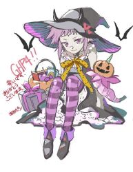 1girl aopon16 bat_(animal) black_dress black_footwear black_hat bow box candy chocolate chocolate_bar colored_skin creature d.gray-man demon_horns dress food gift gift_box grey_skin halloween_bucket halloween_costume hat heart horns large_hat lero lollipop looking_at_viewer pantyhose petticoat pink_stripes pink_umbrella polka_dot polka_dot_bow polka_dot_ribbon pumpkin purple_bow purple_eyes purple_hair purple_pantyhose purple_ribbon ribbon road_kamelot shoes short_hair simple_background sitting sleeveless sleeveless_dress smile solo spiked_hair striped_clothes striped_pantyhose umbrella white_background white_petticoat witch_hat yellow_bow yellow_ribbon