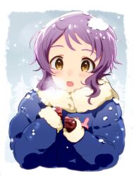 Rule 34 | 1girl, anaroguya, blue coat, border, breath, brown gloves, coat, commentary, dot nose, fur-trimmed collar, fur-trimmed sleeves, fur trim, gloves, grey sky, hands up, idolmaster, idolmaster million live!, light blush, looking at viewer, makabe mizuki, open mouth, purple hair, short hair, sidelocks, sky, snow, snow on head, solo, sparkle, teeth, tree, upper body, upper teeth only, wavy hair, white border, yellow eyes