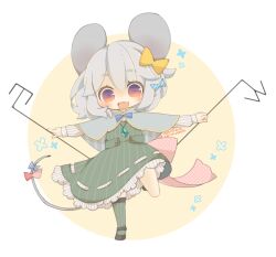 Rule 34 | 1girl, animal ears, blue bow, bow, capelet, dated, dowsing rod, dress, fang, full body, grey capelet, grey dress, grey hair, grey thighhighs, hair bow, long sleeves, looking at viewer, mouse ears, mouse girl, mouse tail, nazrin, open mouth, polka dot, red eyes, short hair, signature, solo, striped clothes, striped dress, tail, tail bow, tail ornament, thighhighs, touhou, vertical-striped clothes, vertical-striped dress, yaco (nuitnotte), yellow background, yellow bow