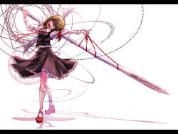 Rule 34 | 1girl, bad id, bad pixiv id, blonde hair, chain, dress, embodiment of scarlet devil, female focus, frills, lastdark, letterboxed, polearm, ribbon, rumia, solo, spear, standing, touhou, weapon