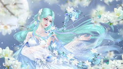 Rule 34 | 1girl, absurdres, artist request, bare shoulders, blue hair, blurry, blurry background, braid, douluo dalu, dress, earrings, flower, hair rings, harp, highres, instrument, jewelry, long hair, moon, necklace, second-party source, snow, solo, tang wutong (douluo dalu), upper body, white dress
