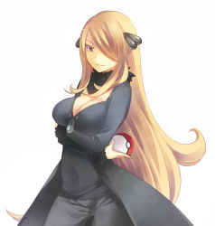 Rule 34 | 00s, 1girl, akr et, blonde hair, breasts, cleavage, cowboy shot, creatures (company), cynthia (pokemon), feather boa, fur trim, game freak, hair ornament, hair over one eye, holding, holding poke ball, large breasts, light smile, long hair, nintendo, poke ball, poke ball (basic), pokemon, pokemon dppt, simple background, solo, very long hair, white background