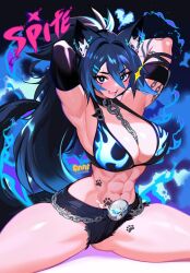 Rule 34 | 1girl, abs, animal ear fluff, animal ears, armpits, arms behind head, bikini, bikini top only, blue eyes, blue fire, blue hair, breasts, chain, chain leash, cleavage, curvy, fangs, fire, highres, huge breasts, indie virtual youtuber, large breasts, leash, muscular, ponytail, short shorts, shorts, solo, spite (vtuber), swimsuit, swolefin, tail, tattoo, thighs, virtual youtuber, wolf girl, wolf tail