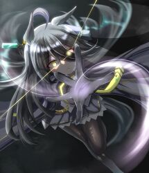 Rule 34 | 1girl, absurdres, ahoge, animal ears, black background, black gloves, black hair, black jacket, black pantyhose, black shirt, black skirt, black thighhighs, buckwheat638478, collared shirt, commentary request, earrings, gloves, glowing, glowing eye, hair between eyes, highres, horse ears, horse girl, horse tail, jacket, jewelry, long hair, looking at viewer, manhattan cafe (umamusume), multicolored hair, necktie, open clothes, open jacket, outstretched hand, pantyhose, parted lips, pleated skirt, running, shirt, simple background, single earring, skirt, solo, streaked hair, tail, thighhighs, umamusume, white hair, yellow eyes, yellow necktie