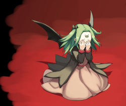 Rule 34 | 1girl, bow, covering privates, covering face, covering own eyes, dress, green hair, grin (tenshi no utsuwa), hair bow, kneeling, messier number, solo, tenshi no utsuwa, twintails, vessel of an angel, wings
