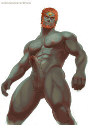 Rule 34 | 1boy, abs, bad id, bad tumblr id, bara, beard, chest hair, circlet, closed mouth, colored skin, cowboy shot, earrings, english text, erection, facial hair, from below, ganondorf, green skin, jewelry, large pectorals, looking at viewer, male focus, mature male, muscular, muscular male, mustache stubble, navel, nintendo, nipples, orange hair, pectorals, penis, randombaradude, short hair, simple background, smile, solo, stubble, the legend of zelda, the legend of zelda: twilight princess, thick beard, thick eyebrows, thick thighs, thighs, wavy hair, white background, yellow eyes